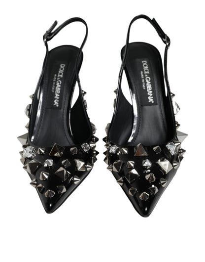 Dolce & Gabbana Black Leather Crystal Stud Slingback Shoes