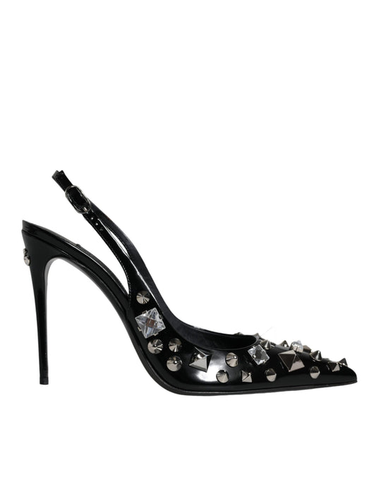 Dolce & Gabbana Black Leather Crystal Stud Slingback Shoes