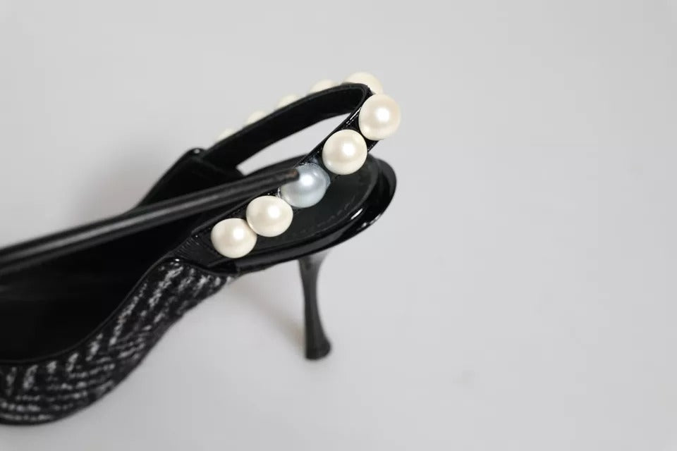 Dolce & Gabbana White Black Chevron Faux Pearl Slingback Shoes