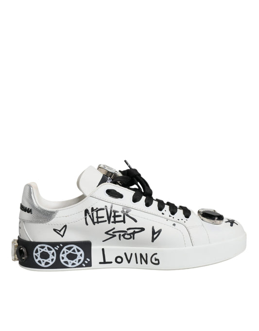 Dolce & Gabbana White Crystal Portofino Low Top Sneaker Shoes