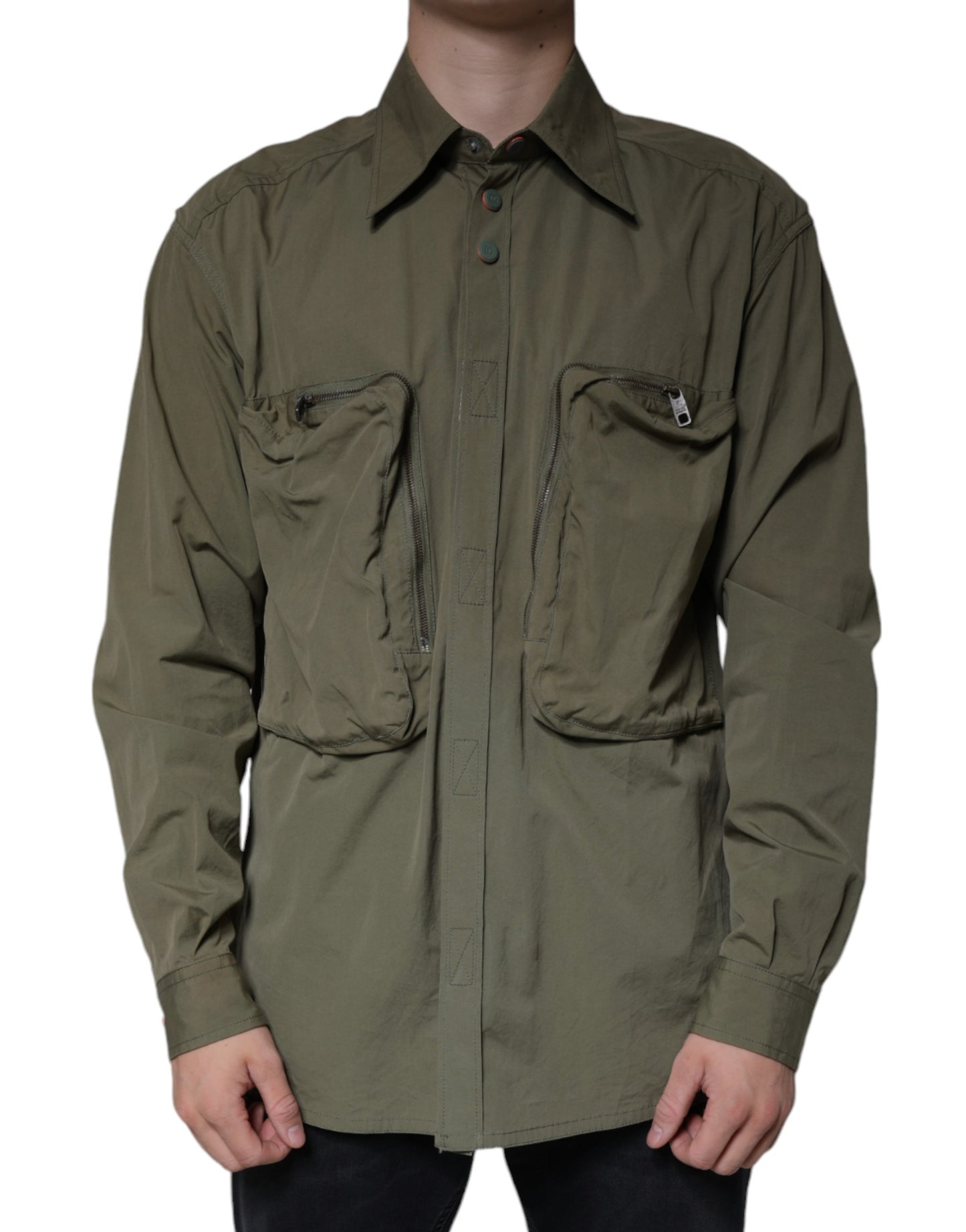 Dolce & Gabbana Military Green Cotton Bend Collared Coat Jacket