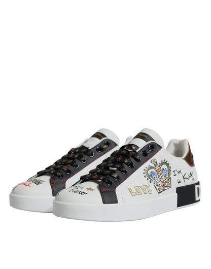 Dolce & Gabbana White Leather Crown Embellished Sneaker Shoes