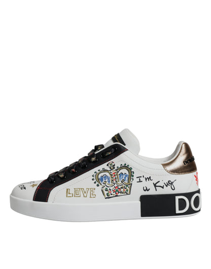 Dolce & Gabbana White Leather Crown Embellished Sneaker Shoes