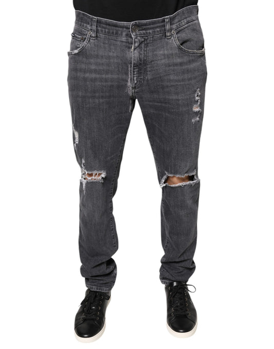 Dolce & Gabbana Dark Gray Tattered Cotton Skinny Denim Jeans