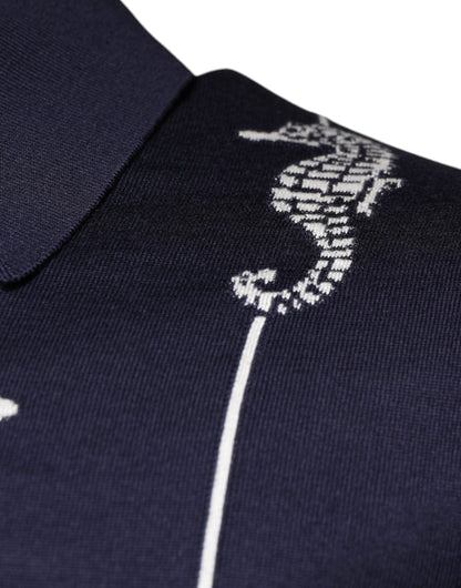 Dolce & Gabbana Dark Blue Sea Horse Collared Polo T-shirt