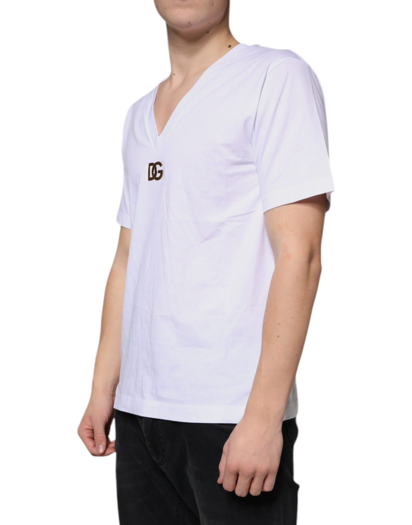 Dolce & Gabbana White Logo Cotton Vneck Short Sleeve T-shirt