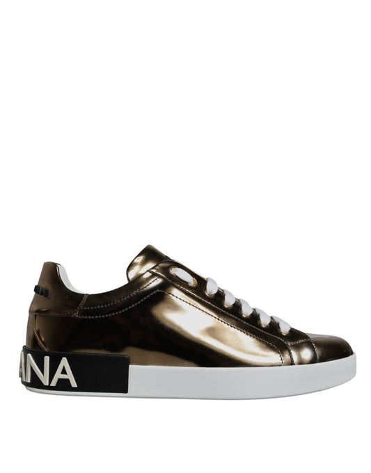 Dolce & Gabbana Gold Leather Logo Portofino Men Sneaker Shoes