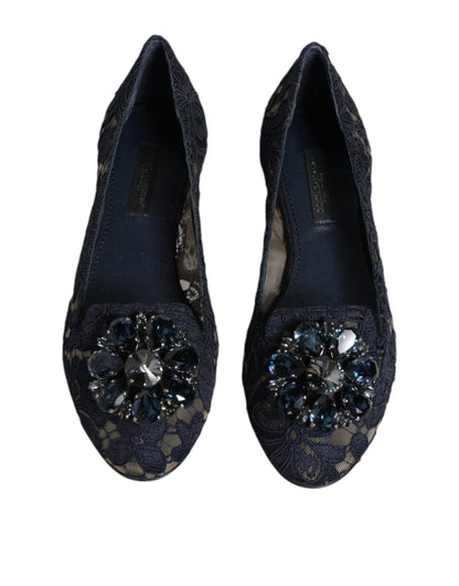 Dolce & Gabbana Blue Taormina Lace Crystals Flats Shoes