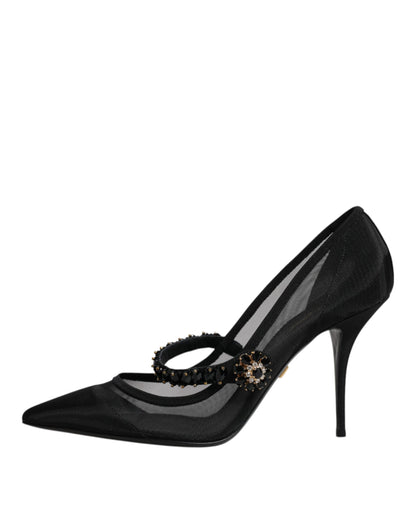 Dolce & Gabbana Black Mesh Mary Jane Crystal Heel Pump Shoes