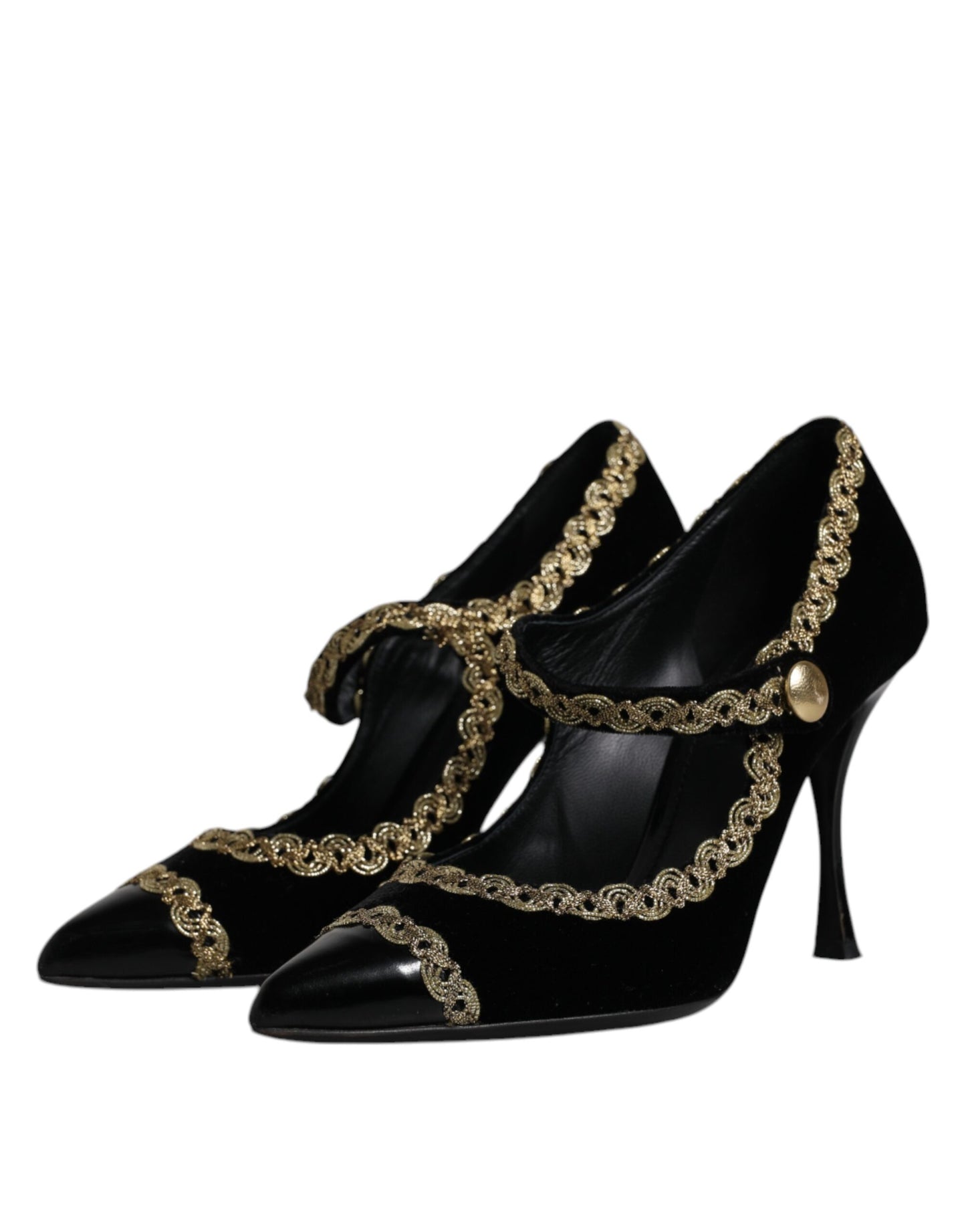 Dolce & Gabbana Black Velvet Gold Mary Janes Pumps Shoes