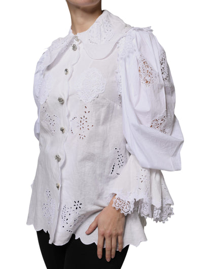 Dolce & Gabbana White Cotton Lace Trim Collared Blouse Top