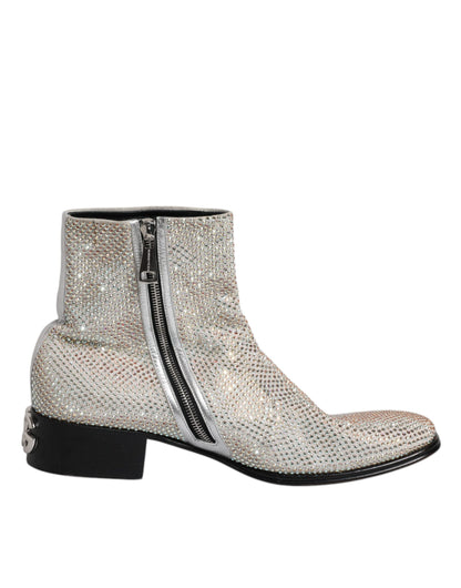 Dolce & Gabbana Silver Strass Chelsea Ankle Boots Shoes