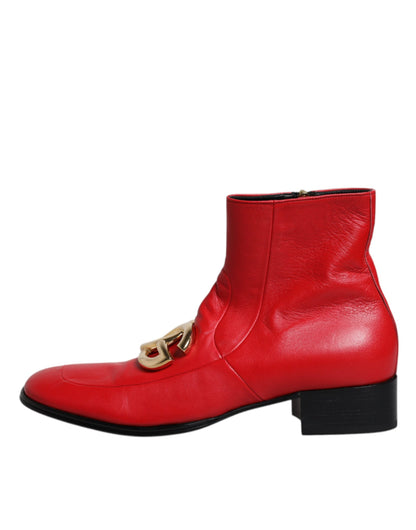 Dolce & Gabbana Red Leather Logo Chelsea Ankle Boots Shoes