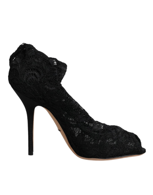 Dolce & Gabbana Black Lace Stretch Heels Mid Calf Boots Shoes