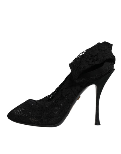 Dolce & Gabbana Black Lace Stretch Heels Mid Calf Boots Shoes