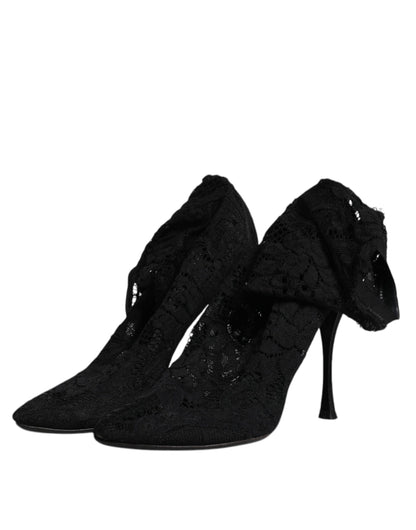 Dolce & Gabbana Black Lace Stretch Heels Mid Calf Boots Shoes