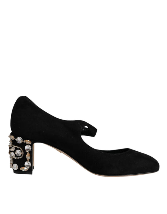 Dolce & Gabbana Black Suede Crystal Mary Jane Heels Shoes