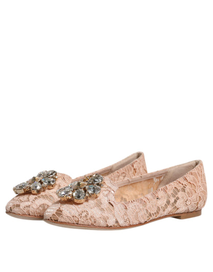 Dolce & Gabbana Beige Lace Crystal Ballet Flats Loafers Shoes