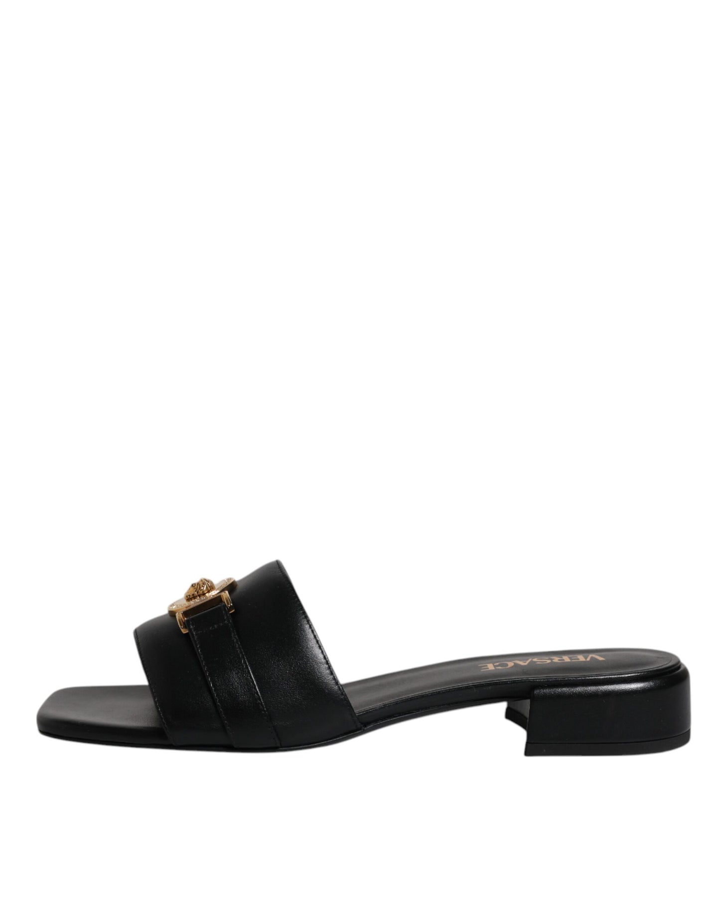 Versace Black Leather Logo Plaque Slip On Slides Flats Shoes