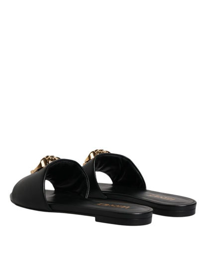 Versace Black Leather Logo Plaque Slip On Slides Flats Shoes