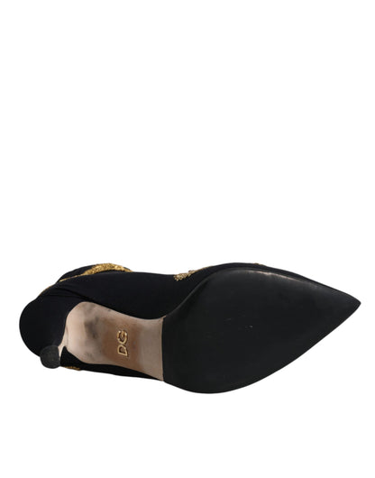 Dolce & Gabbana Black Gold Embroidery Slip On Boots Shoes