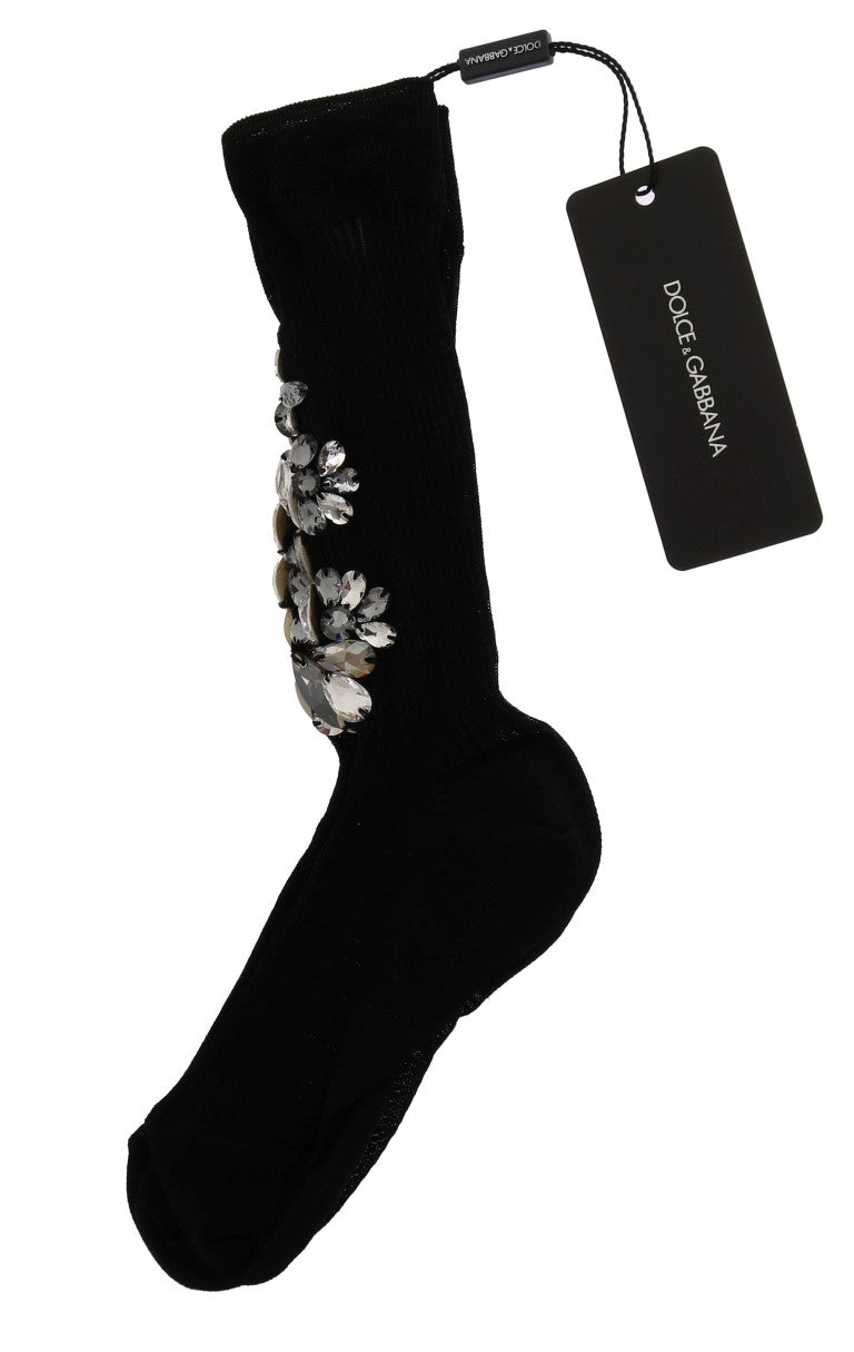 Dolce & Gabbana Crystal Embellished Black Knit Stockings