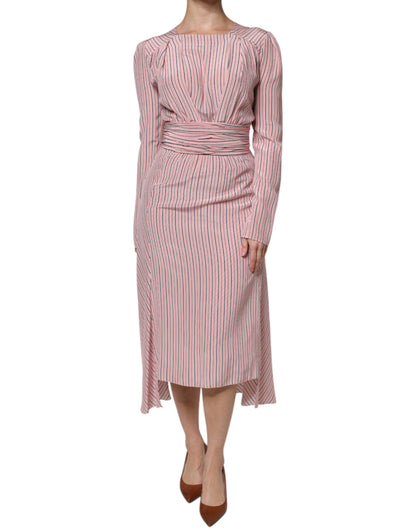 Ermanno Scervino Pink Stripes Silk Long Sleeves Midi Dress