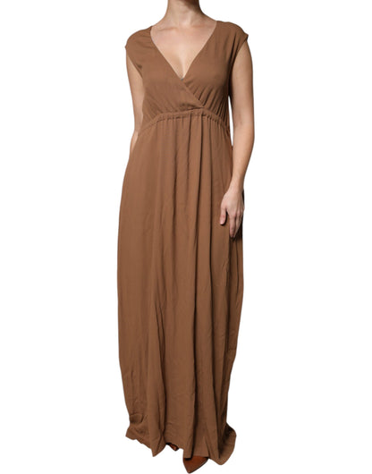 Fabiana Filippi Brown Sleeveless Deep V-neck A-line Long Maxi Dress