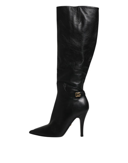 Dolce & Gabbana Black Leather Heels Knee High Boots Shoes