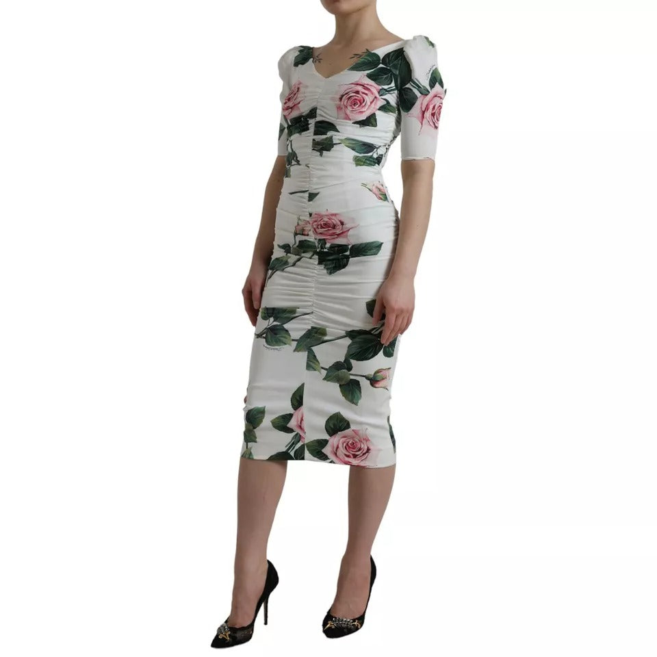 Dolce & Gabbana White Roses Print Stretch Silk Pleated Dress