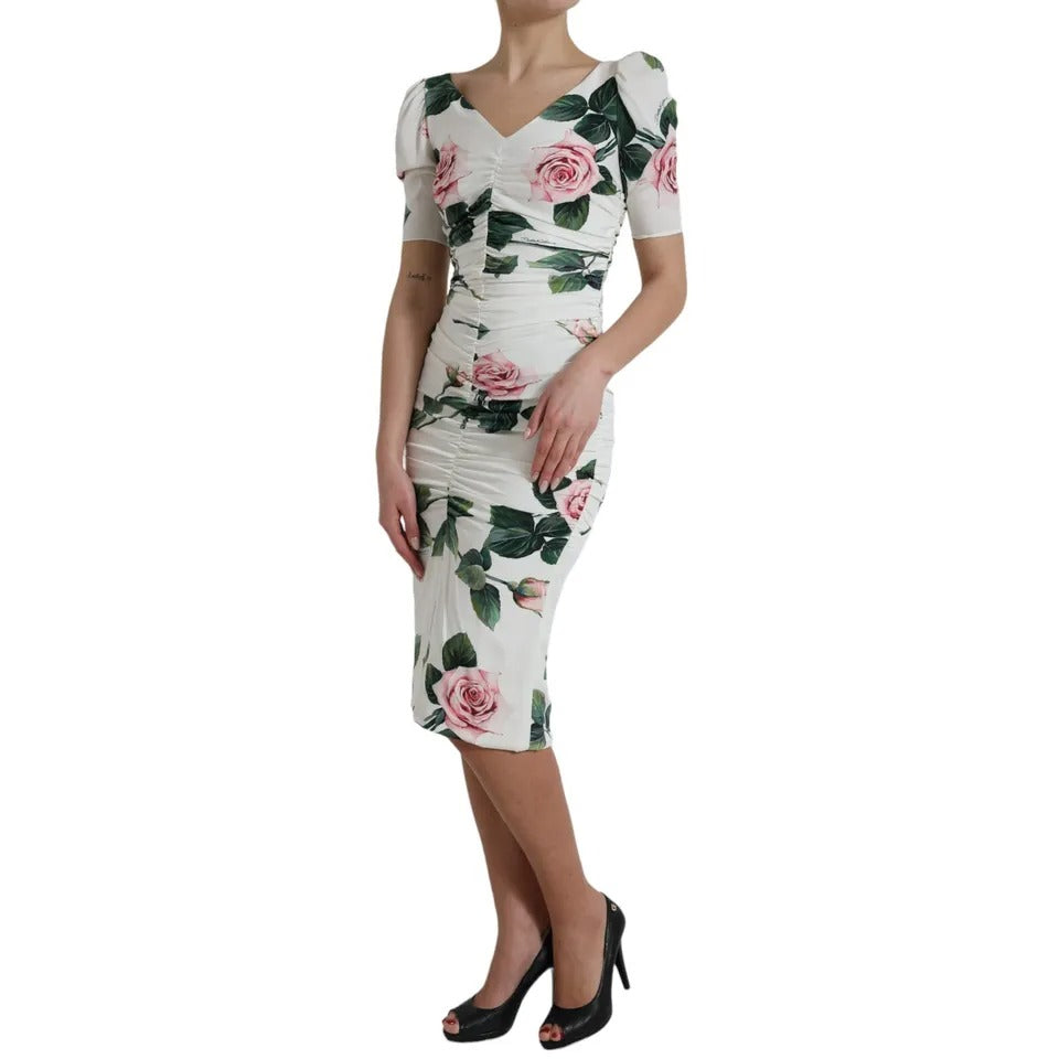 Dolce & Gabbana White Roses Print Stretch Silk Pleated Dress