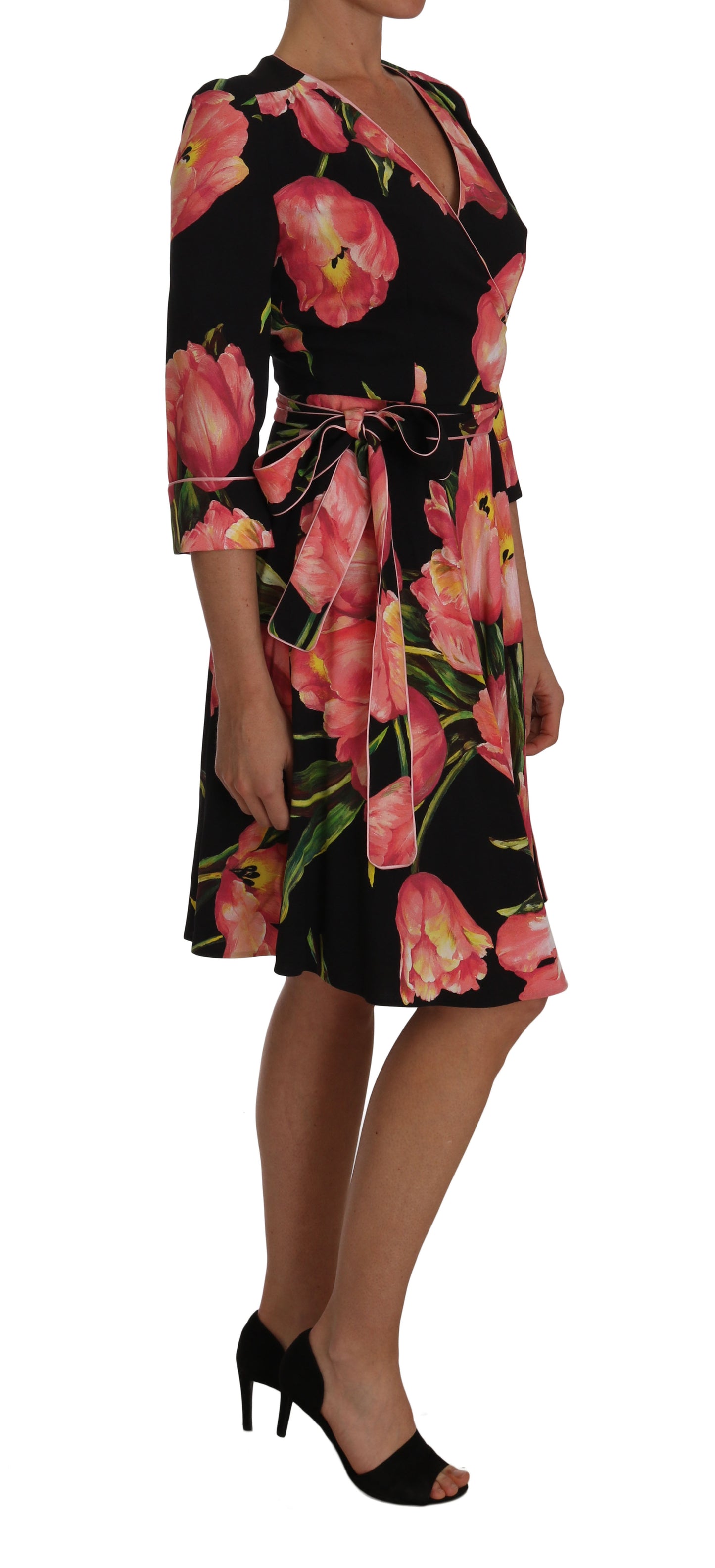 Dolce & Gabbana Elegant Black Shift Dress with Pink Tulips Print