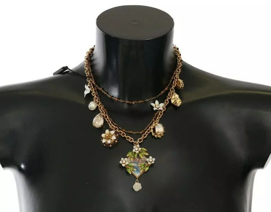 Dolce & Gabbana Gold Brass Crystal Floral Statement Charms Necklace