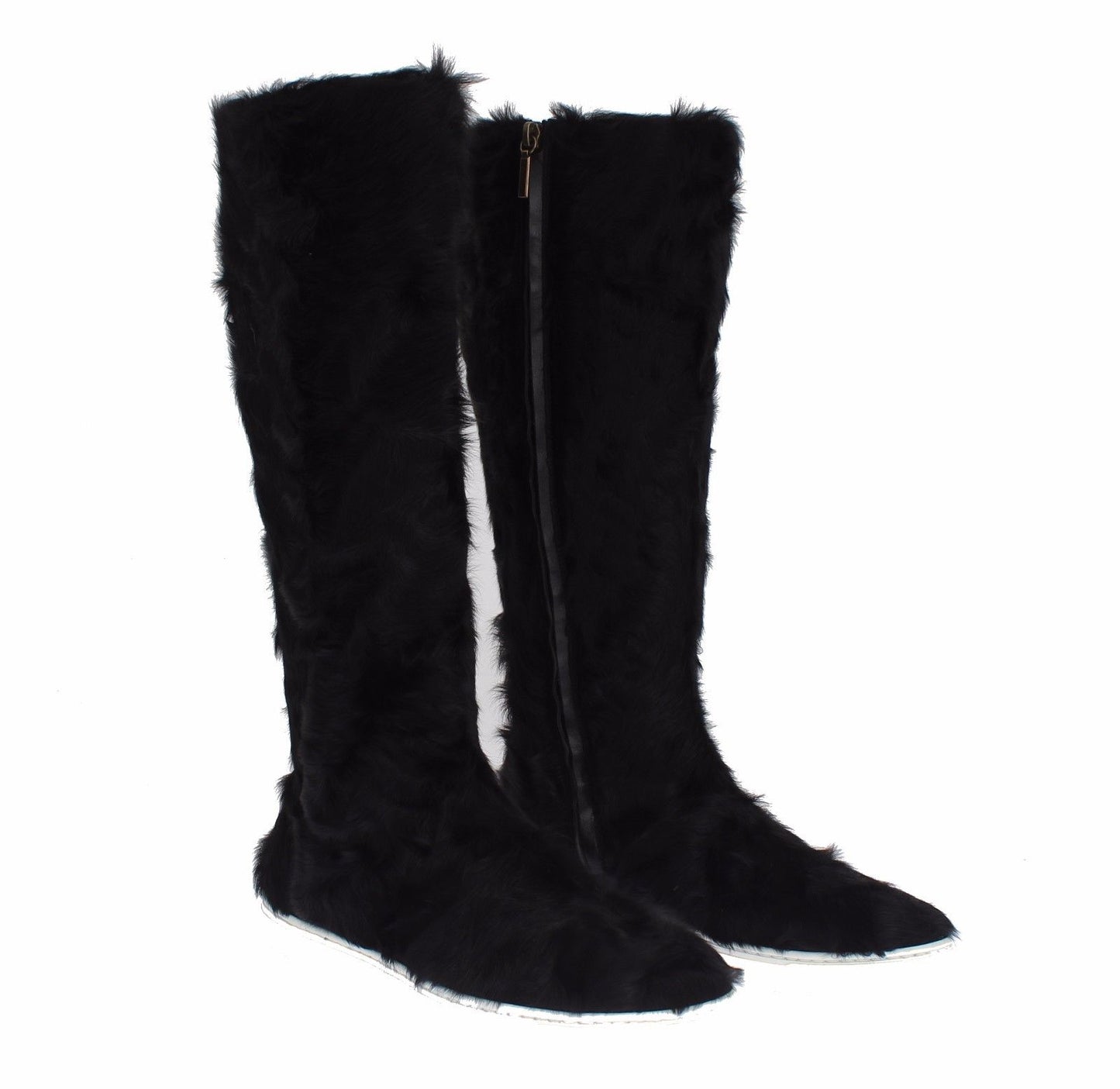 Dolce & Gabbana Elegant Black Fur Leather Flat Sneaker Boots