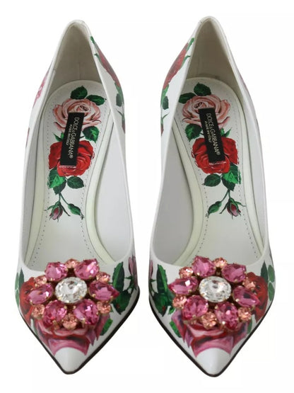 Dolce & Gabbana White Leather Roses Crystal Pumps Shoes