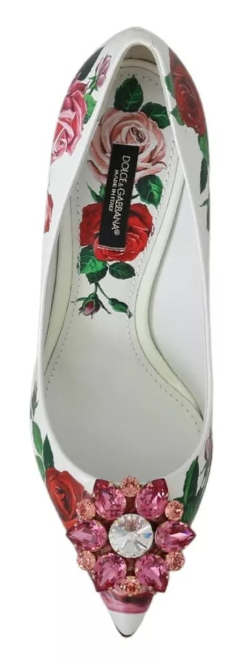 Dolce & Gabbana White Leather Roses Crystal Pumps Shoes