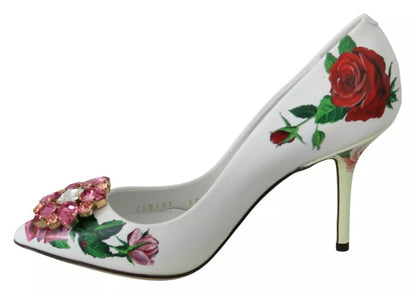 Dolce & Gabbana White Leather Roses Crystal Pumps Shoes