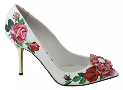 Dolce & Gabbana White Leather Roses Crystal Pumps Shoes