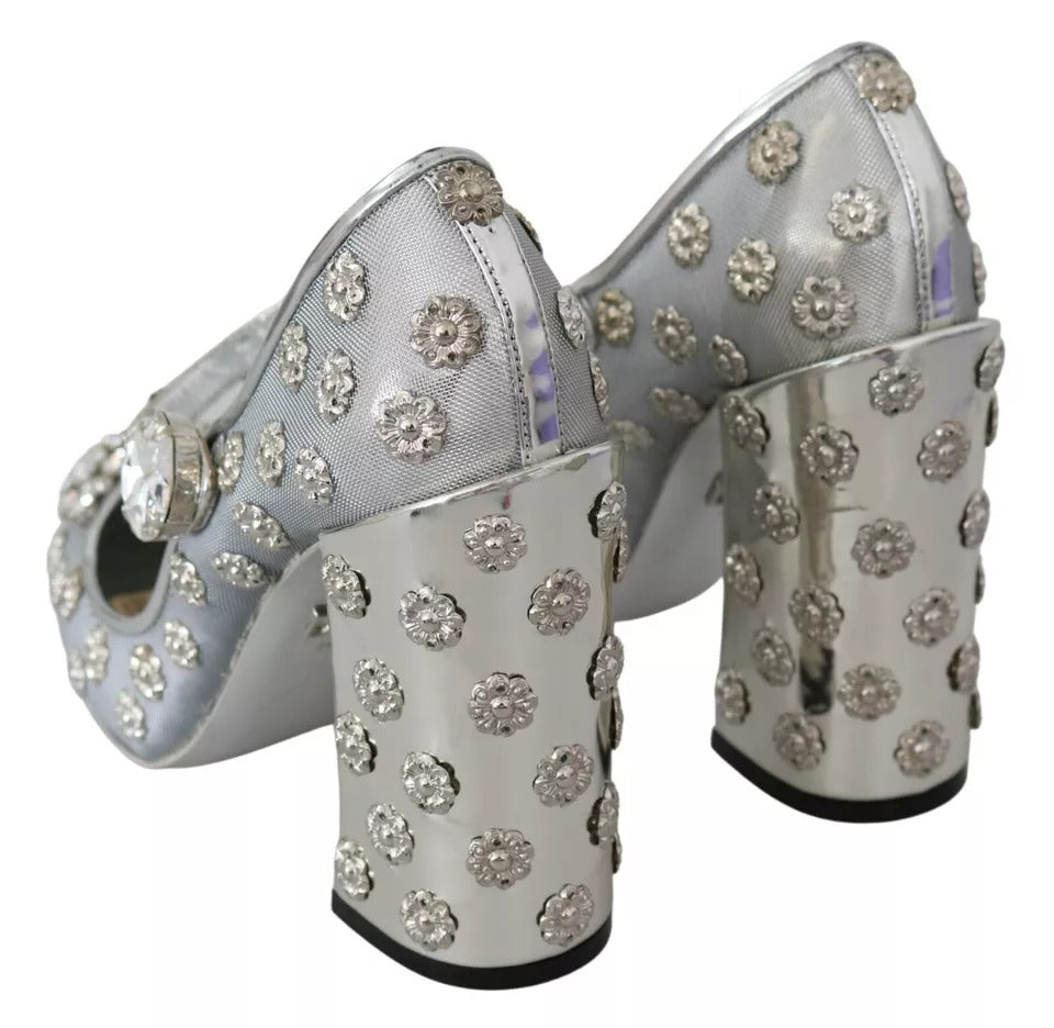 Dolce & Gabbana Silver Crystal Studs Heels Mary Janes Pumps Shoes