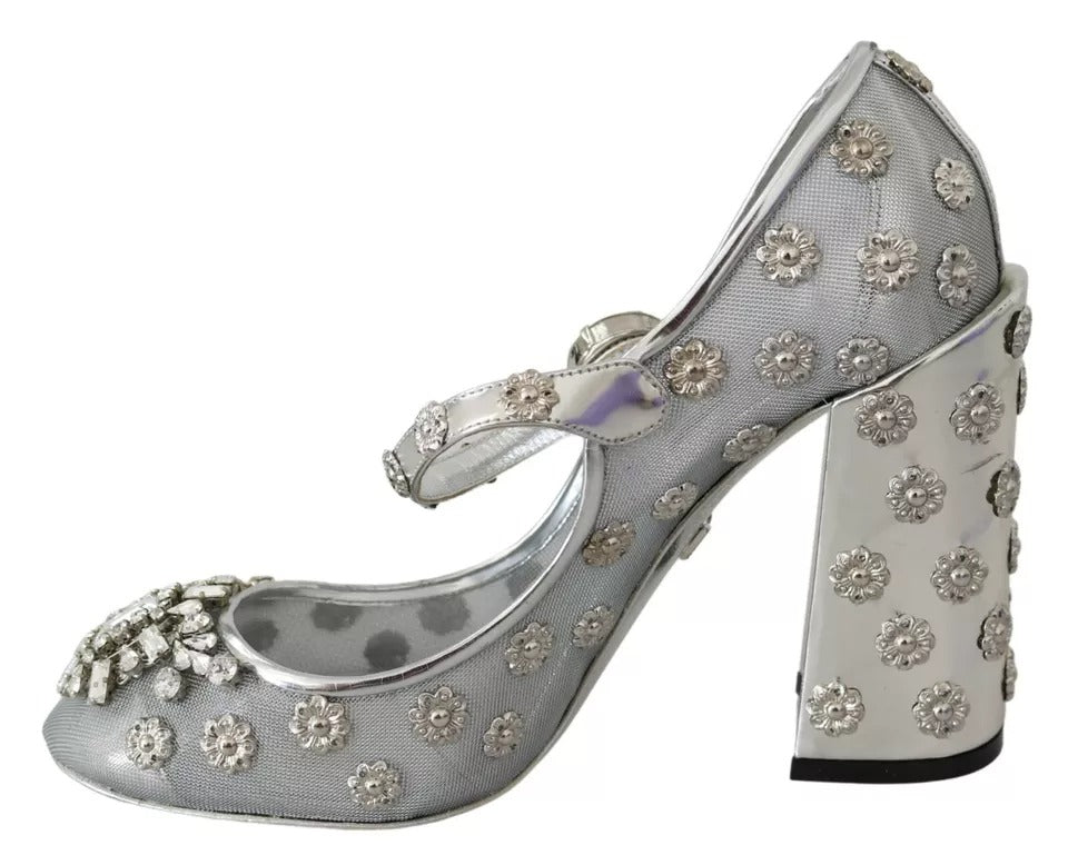 Dolce & Gabbana Silver Crystal Studs Heels Mary Janes Pumps Shoes