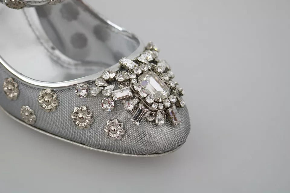 Dolce & Gabbana Silver Crystal Studs Heels Mary Janes Pumps Shoes