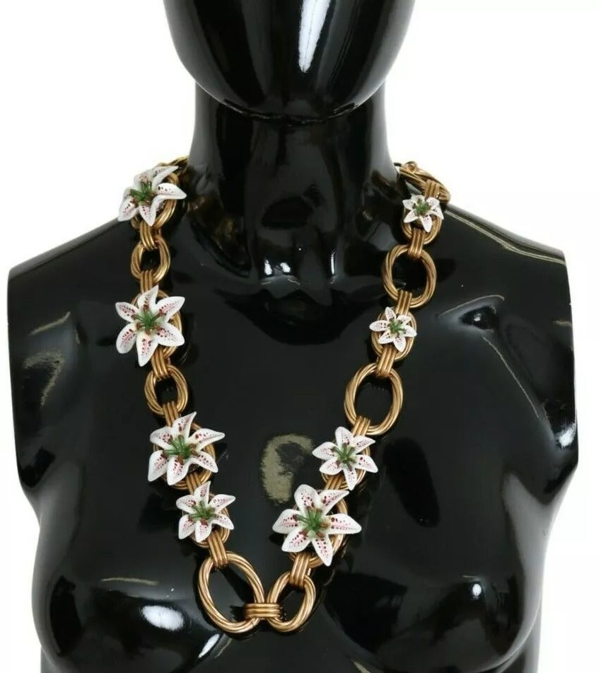 Dolce & Gabbana Gold Brass Oversize Chain LILY Flowers Necklace