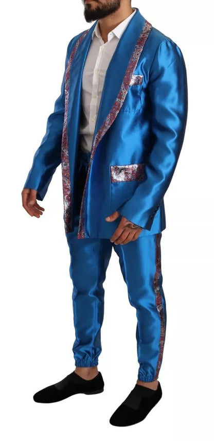 Dolce & Gabbana Blue Jacquard Silk Formal 2 Piece Set Suit