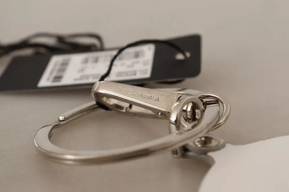 Dolce & Gabbana White Leather Printed Metal Silver Tone Keyring Keychain