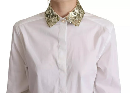 Dolce & Gabbana White Cotton Collared Long Sleeves Sequin Top Shirt