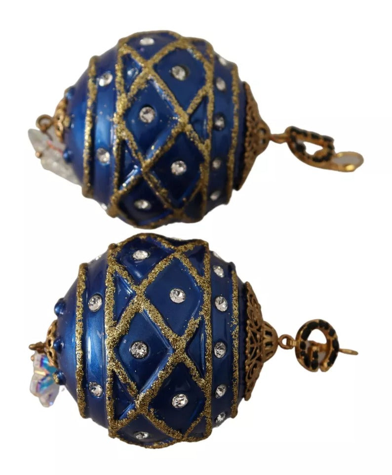 Dolce & Gabbana Gold Brass Blue Christmas Ball Crystal Hook Jewelry Earrings