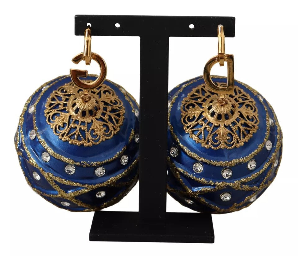 Dolce & Gabbana Gold Brass Blue Christmas Ball Crystal Hook Jewelry Earrings