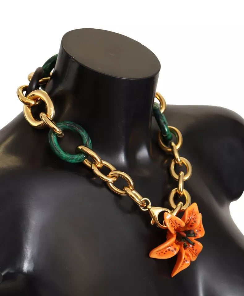 Dolce & Gabbana Multicolor Gold Orange Lily Floral Chain Necklace