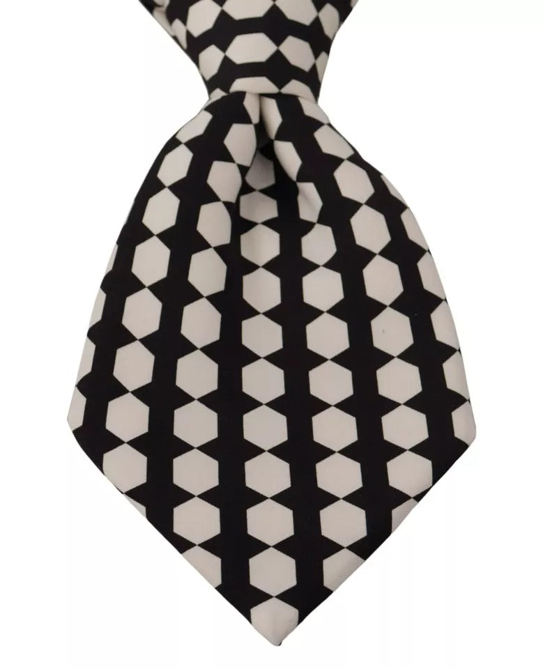 Dolce & Gabbana Black White Geometric 100% Silk Adjustable Tie Men