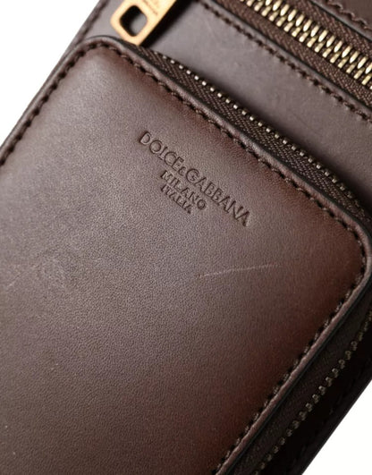 Dolce & Gabbana Brown Calf Leather Zip Logo Shoulder Neck Strap Wallet